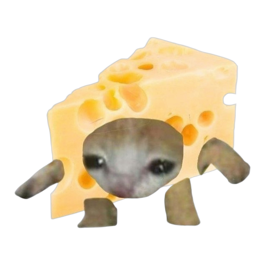 cheese cat: a wedge of swiss cheese with a sad cat face and tiny legs